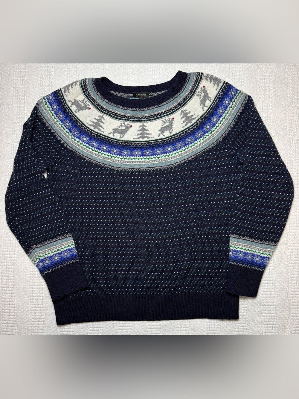 Talbots Reindeer Fair Isle Sweater Navy Blue Nordic Christmas Holiday Crewneck L